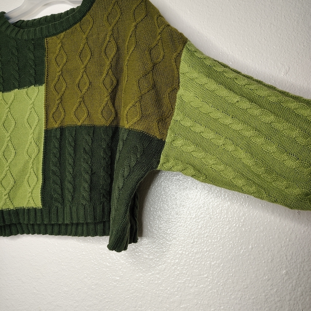 Empyre Green Crew Neck Sweater with Geometric Cable Knit Sz S - Picture 8 of 12